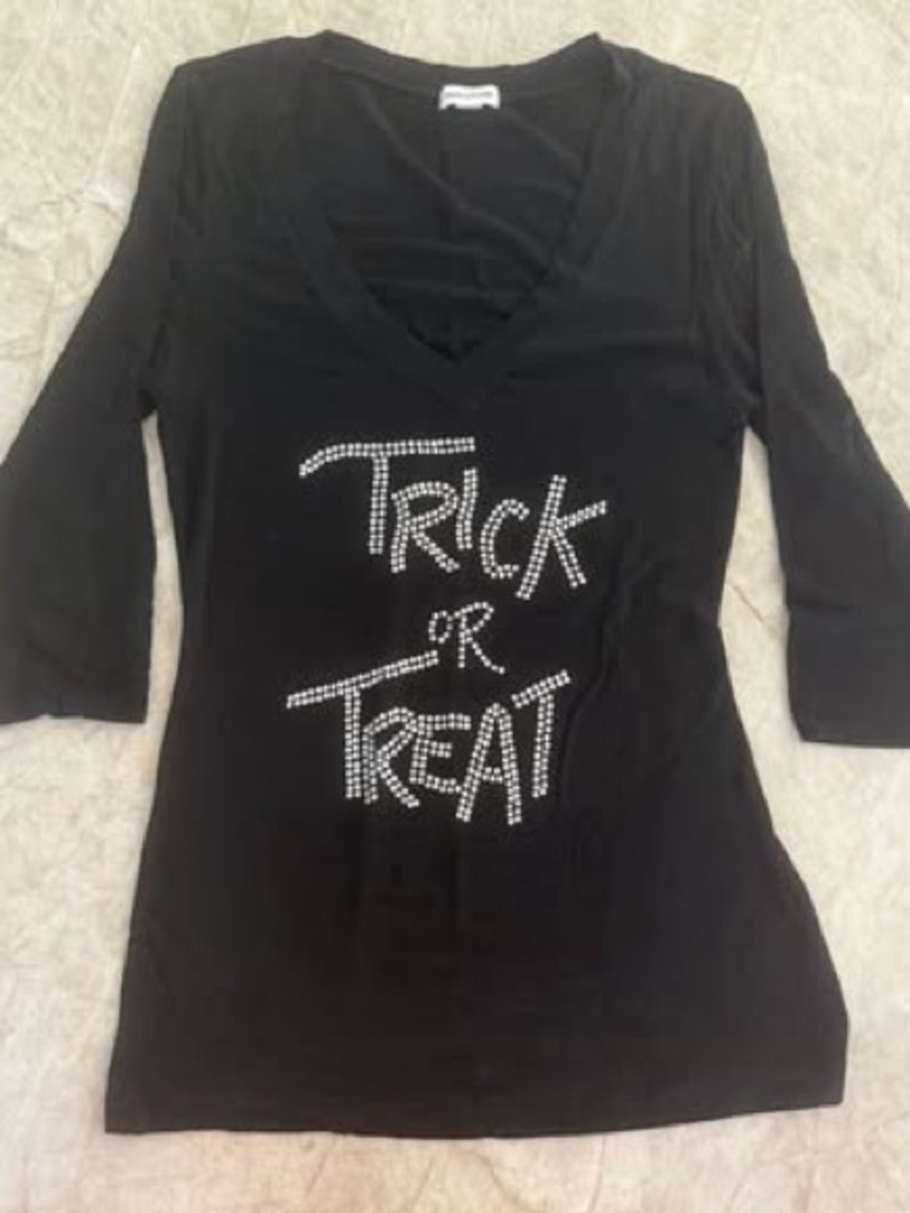 Zenana Outfitters Black Rhinestone 'Trick or Treat' V-Neck 3/4 Sleeve Top - Picture 3 of 7